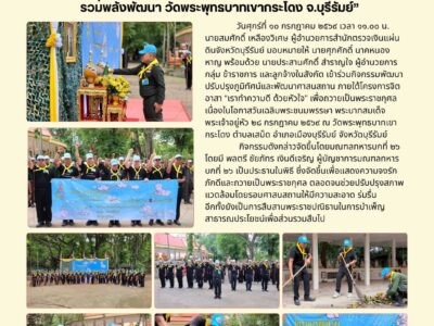 วันศุกร์ที่ ๑๐ กรกฎาคม ๒๕๖๙ เวลา ๑๑.๐๐ น. นายสมศักดิ์ เหลืองวิเศษ ผู้อำนวยการสำนักตรวจเงินแผ่นดินจังหวัดบุรีรัมย์ มอบหมายให้ นายศุภศักดิ์ นาคหนองหาญ พร้อมด้วย นายประสานศักดิ์ สำราญใจ ผู้อำนวยการกลุ่ม ข้าราชการ และลูกจ้างในสังกัด เข้าร่วมกิจกรรมพัฒนาปรับปรุงภูมิทัศน์และพัฒนาศาสนสถาน ภายใต้โครงการจิตอาสา “เราทำความดี ด้วยหัวใจ” เพื่อถวายเป็นพระราชกุศล เนื่องในโอกาสวันเฉลิมพระชนมพรรษา พระบาทสมเด็จพระเจ้าอยู่หัว ๒๘ กรกฎาคม ๒๕๖๙ ณ วัดพระพุทธบาทเขากระโดง ตำบลเสม็ด อำเภอเมืองบุรีรัมย์ จังหวัดบุรีรัมย์กิจกรรมดังกล่าวจัดขึ้นโดยมณฑลทหารบกที่ ๒๖ โดยมี พลตรี ชัยภัทร เงินดีเจริญ ผู้บัญชาการมณฑลทหารบกที่ ๒๖ เป็นประธานในพิธี ซึ่งจัดขึ้นเพื่อแสดงความจงรักภักดีและถวายเป็นพระราชกุศล ตลอดจนช่วยปรับปรุงสภาพแวดล้อมโดยรอบศาสนสถานให้มีความสะอาด ร่มรื่น และเป็นระเบียบเรียบร้อย อีกทั้งยังเป็นการสร้างความสมัครสมานสามัคคี และสืบสานพระราชปณิธานในการบำเพ็ญสาธารณประโยชน์เพื่อส่วนรวมสืบไป